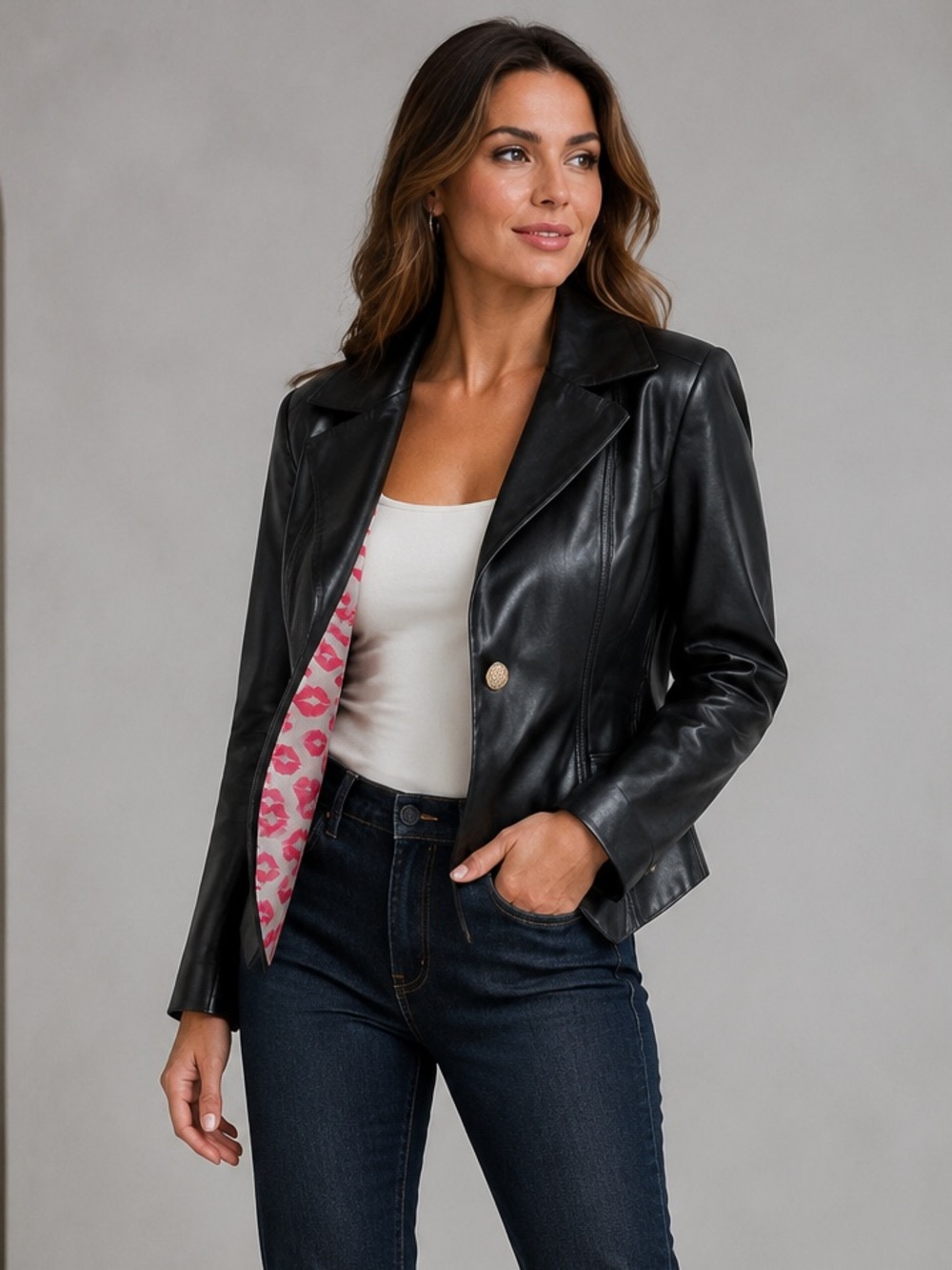 Attitudes by Renee Black Leather Blazer with Pink Lining